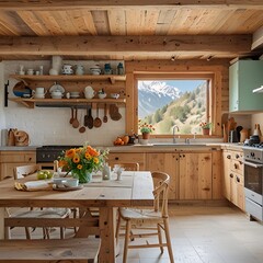 : A kitchen Alpine-style chalet decorated with flowers