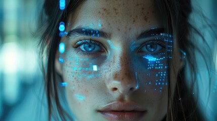 Wall Mural - Close-Up of Woman with Digital Light Projections on Face Representing Technology and Innovation