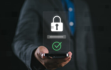 Fototapete - Cybersecurity concept. Man enter username and password for personal information access. Data login protect and secure internet access, screen padlock technology, cyber security, encryption privacy,