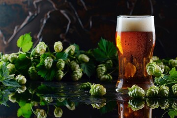 Wall Mural - beer glass on a black background and green hop cones, copy space - generative ai