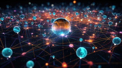 Wall Mural - A 3D depiction of a digital interface displaying a complex web of interconnected profiles, each represented by interconnected spheres and lines, symbolizing a global online community.