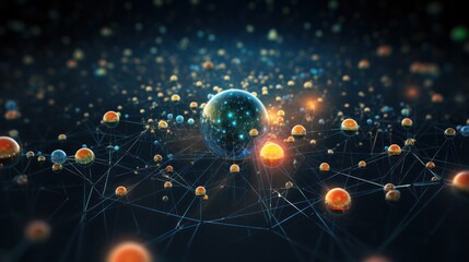 Wall Mural - A 3D depiction of a digital interface displaying a complex web of interconnected profiles, each represented by interconnected spheres and lines, symbolizing a global online community.