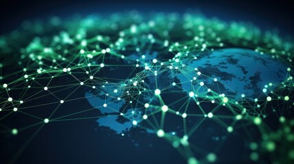 Wall Mural - A 3D depiction of a digital interface displaying a complex web of interconnected profiles, each represented by interconnected spheres and lines, symbolizing a global online community.