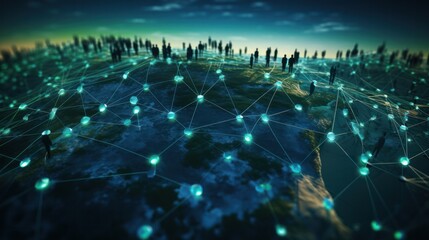 Wall Mural - A 3D depiction of a digital interface displaying a complex web of interconnected profiles, each represented by interconnected spheres and lines, symbolizing a global online community.