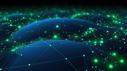 Wall Mural - A 3D depiction of a digital interface displaying a complex web of interconnected profiles, each represented by interconnected spheres and lines, symbolizing a global online community.