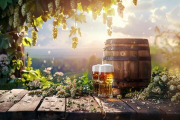 Canvas Print - Composition with beer barrel and beer glasses with wheat and hops on wooden table over hop gardens and nature landscape background. Oktoberfest, drinks, tastes concept, copy space - generative ai