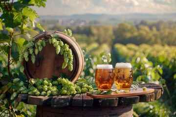 Canvas Print - Composition with beer barrel and beer glasses with wheat and hops on wooden table over hop gardens and nature landscape background. Oktoberfest, drinks, tastes concept, copy space - generative ai