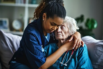 Portrait of a retirement home volunteer comforting a resident, Generative AI