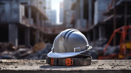 A construction hard hat with a reflective strip is placed on a stack of concrete blocks. In the background, 