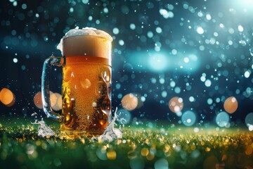 Sticker - Foamy splashes. Mug with lager chill beer on grass at football stadium over evening sky with flashlights. Concept of sport, festival, competition, alcohol drinks, match - generative ai