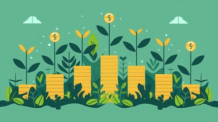 Wall Mural - A green background with a bunch of money and plants