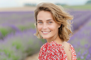 Wall Mural - Germany woman smile wearing red sundress outdoor at lavender field