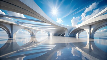 A 3D visualization of futuristic abstract architecture featuring a vast, empty concrete floor beneath a clear blue sky, perfect for presentations and concept displays.