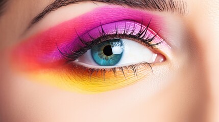 Close-up profile view of a woman's eye with a vibrant, multicolored rainbow iris against a white background. The photo emphasizes the unique pattern and color diversity of the iris, 