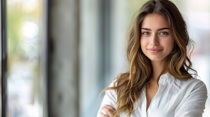 Canvas Print - Confident Young Woman: A portrait of a confident young woman with a warm smile, radiating positivity and professionalism. 