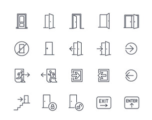 open door line icon set. signs with doorway, entrance, exit, closed door, lock. editable stroke. des