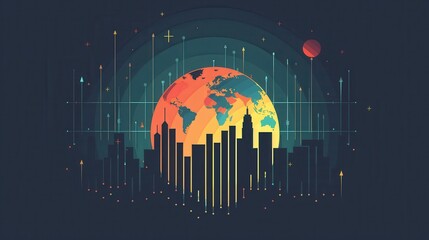 Wall Mural - A colorful drawing of a city with a large orange moon and a large blue globe