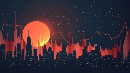 Wall Mural - A city skyline with a large red sun in the background