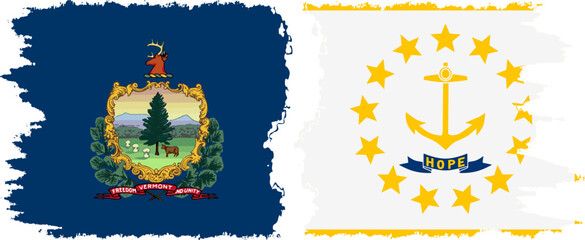 Rhode Island and Vermont states grunge brush flags connection, vector