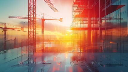 Sticker - Sunrise Construction: A breathtaking skyline silhouette, as the sun dips below the horizon, casting a warm glow on towering cranes and gleaming glass buildings.