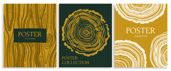 Set of posters with wood annual rings. Luxury banners with tree trunk in section. Flyers with realistic wooden concentric circles texture. Flat vector illustration collection isolated on background