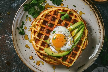 Crispy Waffle with Fried Egg, Avocado Slices, and Drizzled Syrup