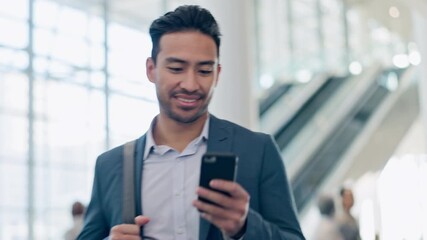 Aufkleber - Phone, happy and business man at airport lobby for social media, search app or email. Smile, smartphone and Asian professional with bag or luggage for travel, communication and consultant walking
