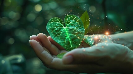 Wall Mural - close up image of two hands holding a small sprout. the sprout has sparkling light around it, symbol