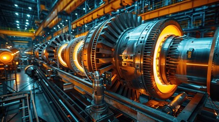 Industrial Powerhouse: A close-up view of a massive turbine, glowing with heat and radiating power, within a modern industrial setting.