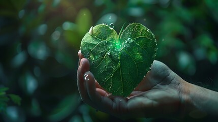 Wall Mural - heart shaped leaf with dewdrops, held gently in a hand, symbolizing care for nature and love for the