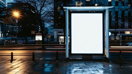 Poster - Blank White Bus Stop Vertical Billboard Mockup In Front Of An Empty Street Outdoor Advertising Lightbox On The Sidewalk : Generative AI
