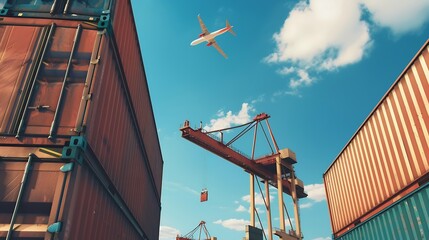Leinwandbilder - Container Export Logistic Crane Forklift Port Blue Sky Background Space Road Import Business Freight Logistic Transport Custom Industry Service Airplane Container Ship Truck Cargo Stac : Generative AI