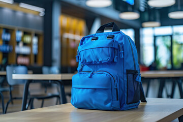 School classroom. A student's desk in the classroom has a brand-new school bag. Large canvas backpack on the table in a spacious. Back to school concept