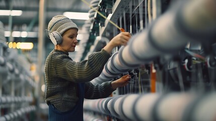 Aufkleber - Textile industry Factory worker with earmuffs standing by large industrial knitting machine and checking threads : Generative AI