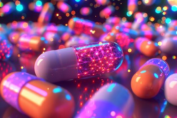 Sticker - Colorful Capsules and Pills in a Vibrant Futuristic Setting Representing Medical Advances