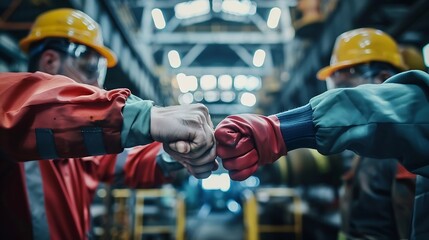 Poster - Group of industrial factory workers bumping fists togethershowing gesture for teamwork or unity : Generative AI