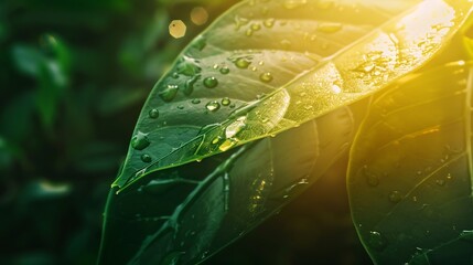 Aufkleber - Closeup green leaf with drops of water Drops of dew in morning glow in the sun Beautiful leaf texture in nature Natural summer background stunning and dramatic green lush foliage artis : Generative AI