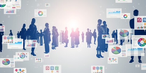 Poster - Multinational business people and business data concept. Wide angle visual for banners or advertisements.