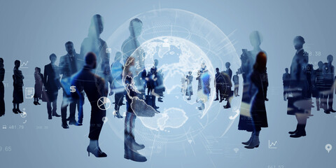 Fototapete - Multinational business people and global communication network concept. Wide angle visual for banners or advertisements.