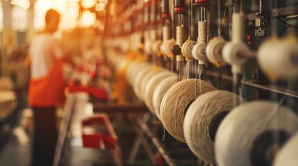 Aufkleber - Textile industry machine with threads and worker in background : Generative AI