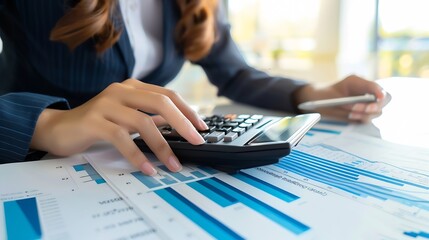 Leinwandbilder - Business financing accounting banking concept Businesswoman hand doing finances and calculate on desk about cost at home office Woman working on desk with using calculator finance acco : Generative AI