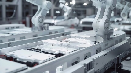 Aufkleber - Industrial Robot Arms Assemble LithiumIon EV Battery Pack Row of White Robotic Arms at Automated Production Line at Bright Modern Factory Electric Car Manufacturing Inside Automotive S : Generative AI