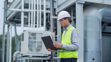 engineer using laptop checking industry cooling air conditioner water cooling tower air chiller of large industrial building to control air system at construction site : Generative AI