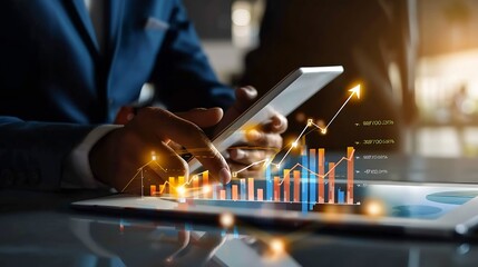 Aufkleber - Business finance and investment Data analysis Businessman using tablet analyzing financial graph growth chart stock market report and forex graph business growth finance and investment : Generative AI