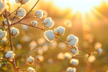 Wall Mural - Scenic view of a cotton field with sunlight
