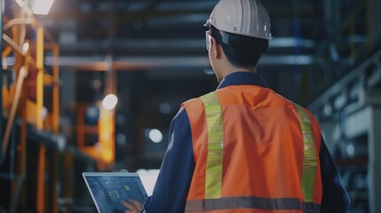Leinwandbilder - Industrial Engineer Working at a Technology Factory Middle Aged Male Using Laptop Computer at Work Browsing Electronics Information Online Mans Back in Safety Vest Turned to Camera : Generative AI