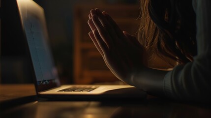 Wall Mural - Christian online religion technology concept Hands praying of christian with digital computer laptop Online live church for sunday service Asian woman praying in darkness with computer : Generative AI