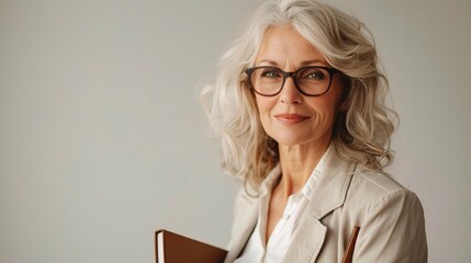 Poster - Older businesswoman with a confident smile, holding a notebook, white background