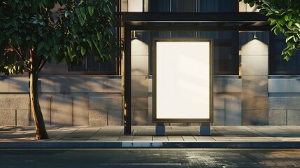 Poster - Blank White Bus Stop Vertical Billboard Mockup In Front Of An Empty Street Outdoor Advertising Lightbox On The Sidewalk : Generative AI