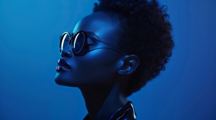 Profile of a Confident Individual of African Descent in Stylish Sunglasses, Against a Dark Blue Background, Showcasing Dramatic Lighting and Minimalistic Fashion Aesthetic